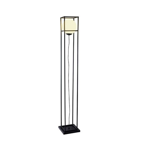 The Desigual Small 1 Light Floor Lamp features a matt black metal frame and square base with a white spherical shade suspended in its open geometric design, complemented by a black hanging cord.