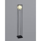 The Desigual Small 1 Light Floor Lamp in matt black features a modern square geometric frame with a glowing spherical bulb suspended at the center and a visible cord, all set against a plain gray background.