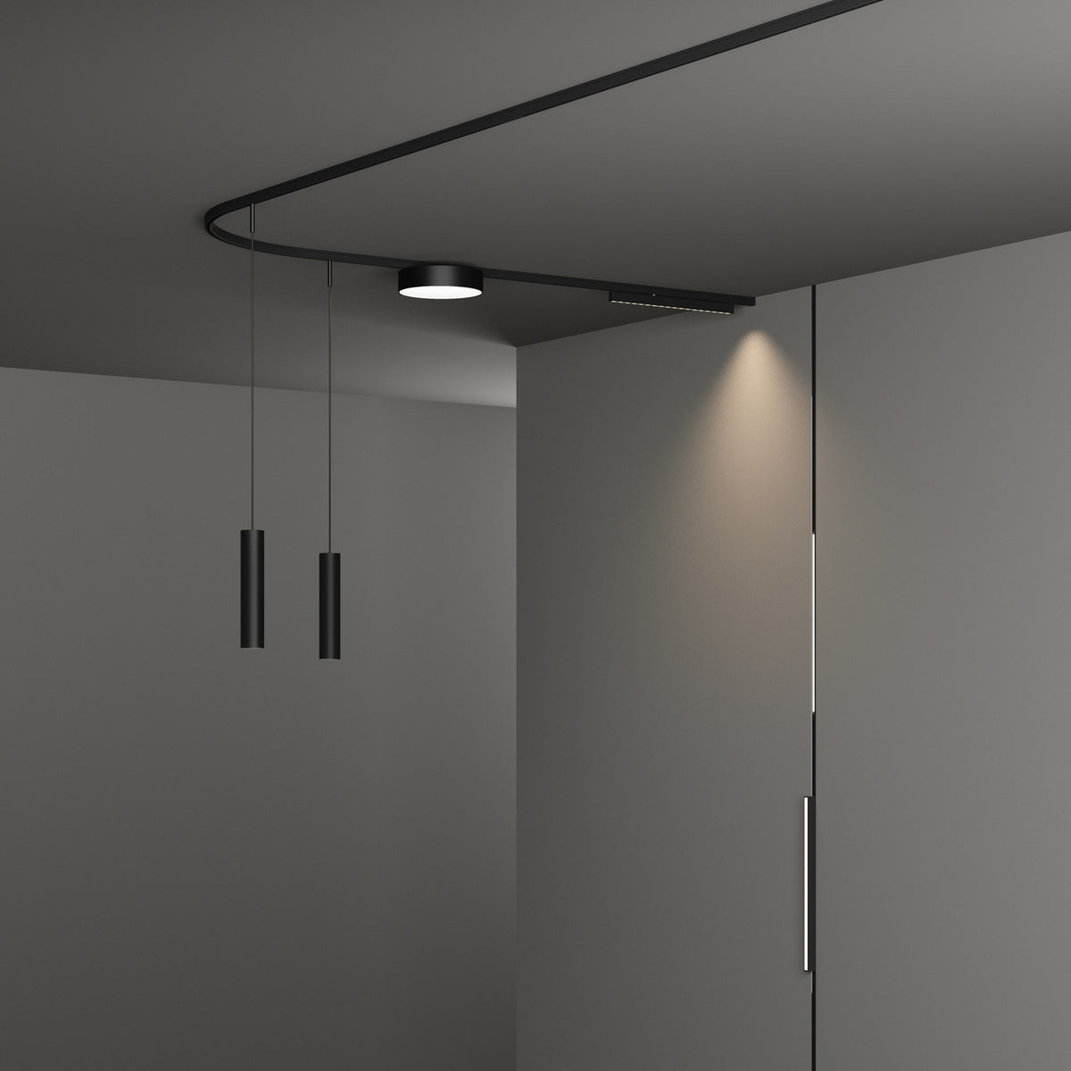 Deva 1m Surface 24V Lighting Track in black, shown curving along a ceiling corner fitted with a round spotlight, linear light bar, and two pendant lights.