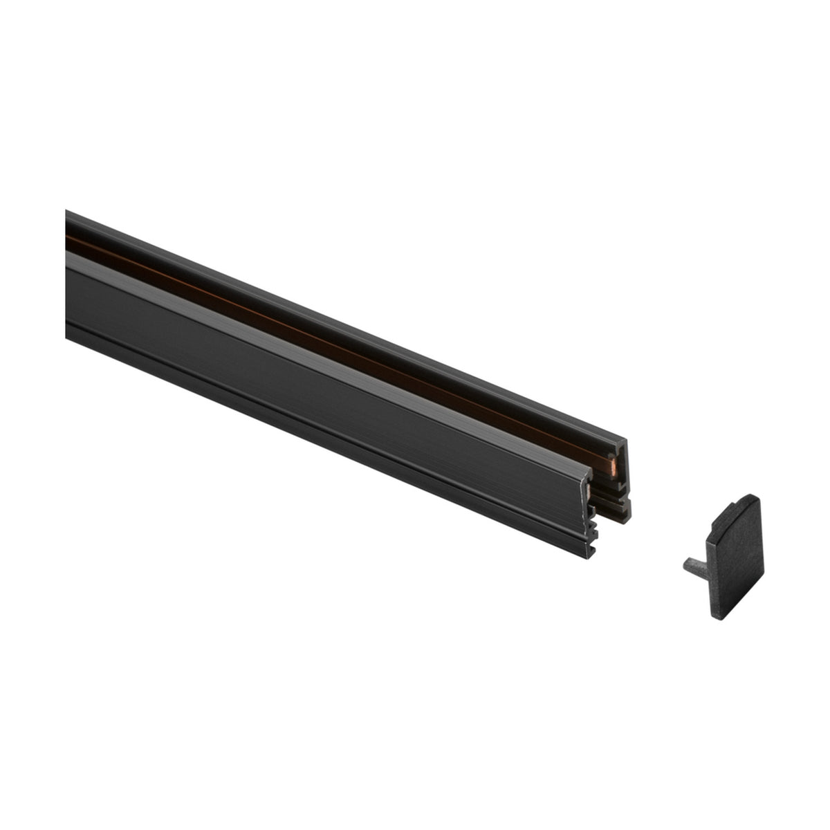Deva 24V Track End Cap Kit in black, shown with a section of black track profile, displayed on a plain white background.