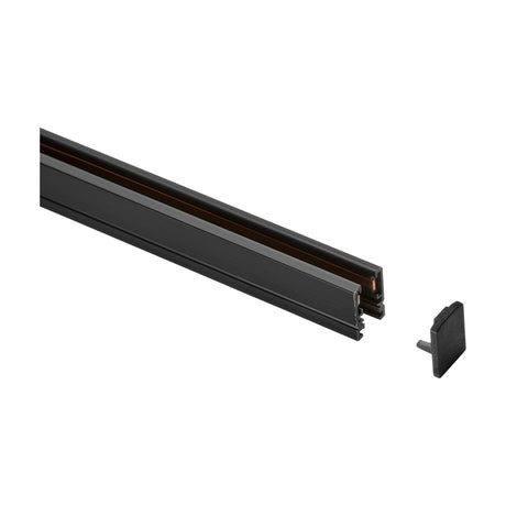 Deva 24V Track End Cap Kit in black, shown with a section of black track profile, displayed on a plain white background.