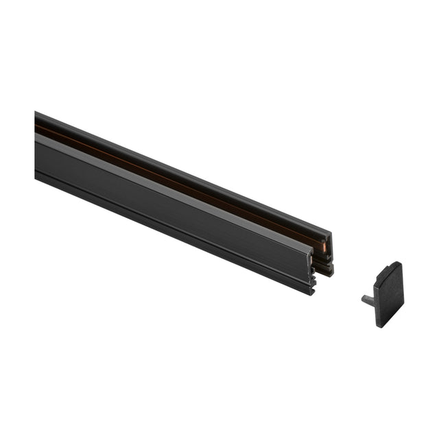 Deva 24V Track End Cap Kit in black, shown with a section of black track profile, displayed on a plain white background.