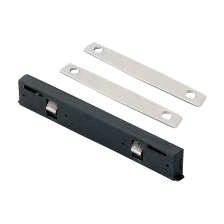 Deva Recessed 24V Track Linear Connector in black, shown with its slim connector body and two flat metal joining plates on a plain white background.