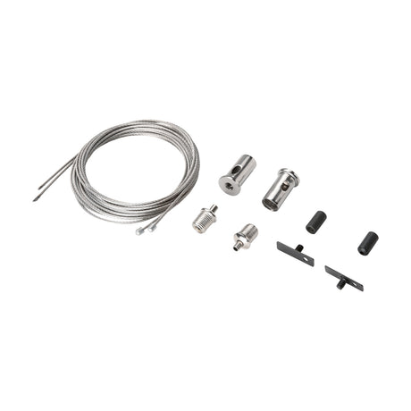 Deva Surface 24V Track 2m Suspension Kit with coiled silver steel cable, silver ceiling and gripper fittings, and small black components on a white background.