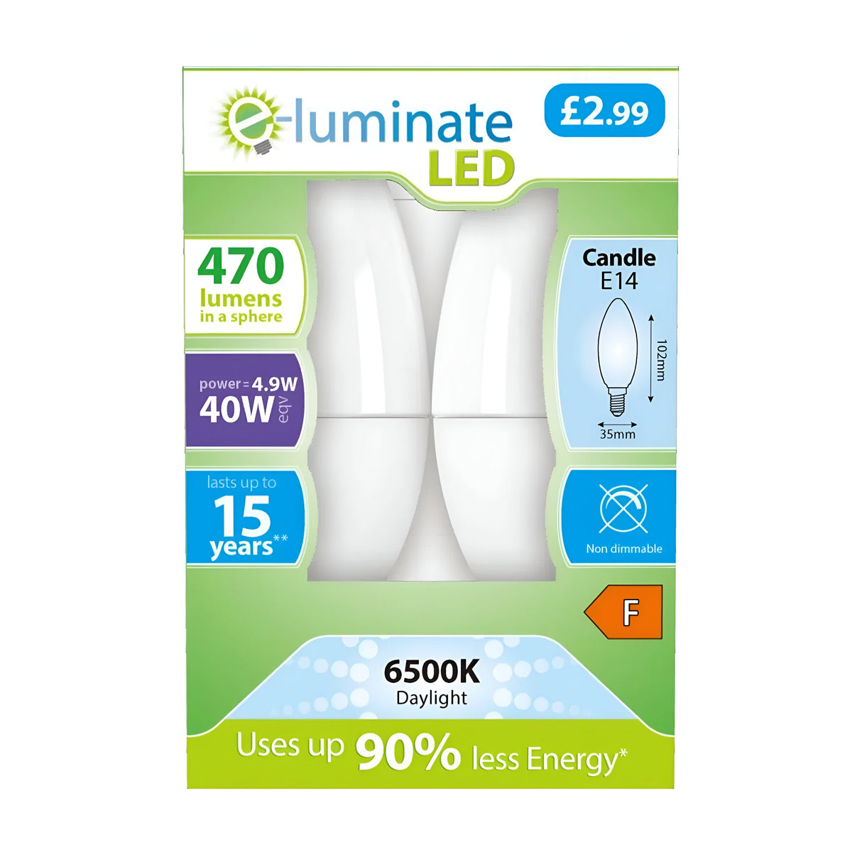 The packaging for the E-Luminate 4.9W Non-Dimmable LED Candle Bulb - Daylight, E14, 6500K (2 Pack), priced at Â£2.99, highlights its impressive features: a 470 lumens output, an E14 fitting, and a crisp 6500K daylight tone. It provides up to 90% energy savings and boasts a lifespan of up to 15 years. This bulb is non-dimmable with an energy efficiency class of F, making it an excellent choice for those seeking energy-efficient lighting solutions.