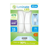 The packaging for the E-Luminate 4.9W Non-Dimmable LED Candle Bulb - Daylight, E14, 6500K (2 Pack), priced at Â£2.99, highlights its impressive features: a 470 lumens output, an E14 fitting, and a crisp 6500K daylight tone. It provides up to 90% energy savings and boasts a lifespan of up to 15 years. This bulb is non-dimmable with an energy efficiency class of F, making it an excellent choice for those seeking energy-efficient lighting solutions.