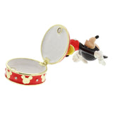 Round red trinket box with hinged lid open, showing white interior, gold Mickey Mouse silhouette band, and Mickey figure in black, red and yellow on a white background.