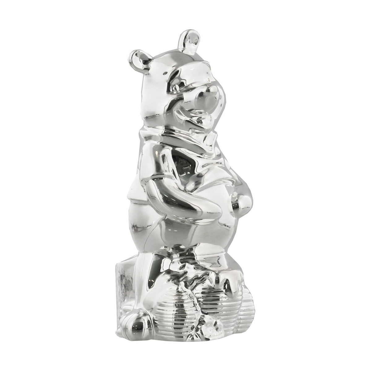 Standing Winnie the Pooh silverplated money box, mirror-finish figure with paws on tummy and rounded ears, on a plain white background.
