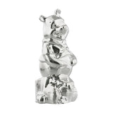 Standing Winnie the Pooh silverplated money box, mirror-finish figure with paws on tummy and rounded ears, on a plain white background.