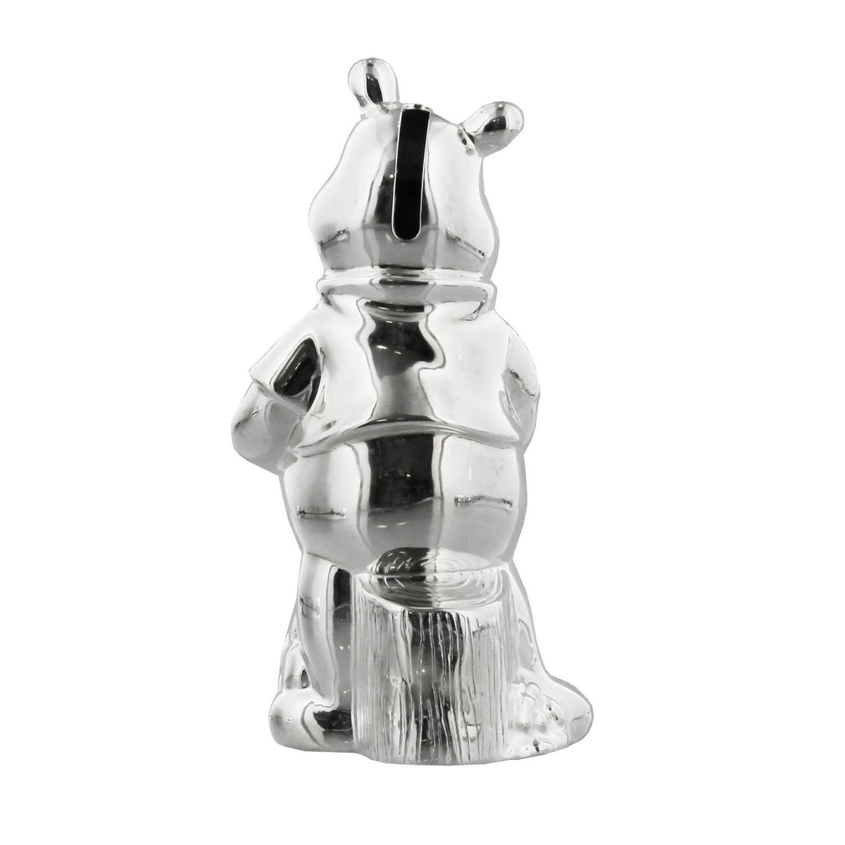 Rear view of the Standing Winnie the Pooh Silverplated Money Box, showing his rounded ears, coin slot, and seated pose on a tree stump base, on a plain white background.