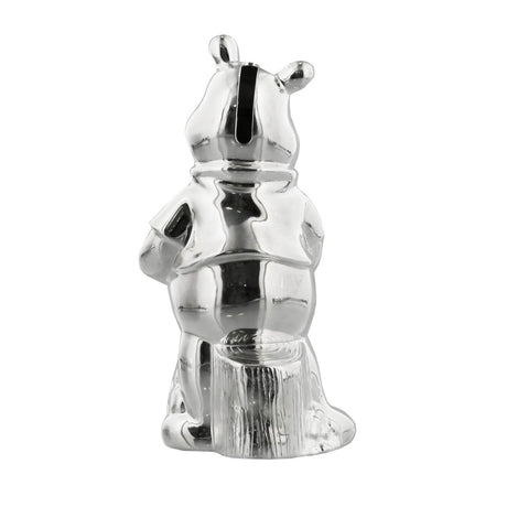 Rear view of the Standing Winnie the Pooh Silverplated Money Box, showing his rounded ears, coin slot, and seated pose on a tree stump base, on a plain white background.