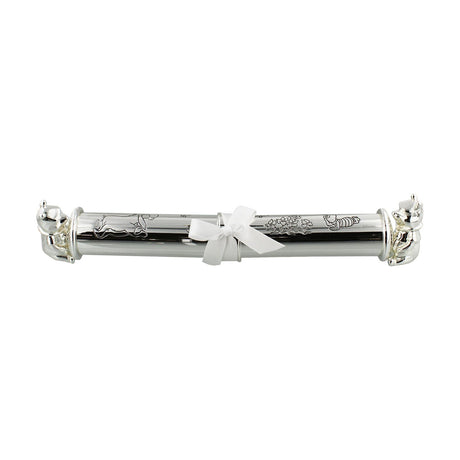 Silverplated metal certificate tube with Winnie the Pooh figures at each end, engraved floral and character scenes, finished with a white ribbon bow, shown on a plain white background.
