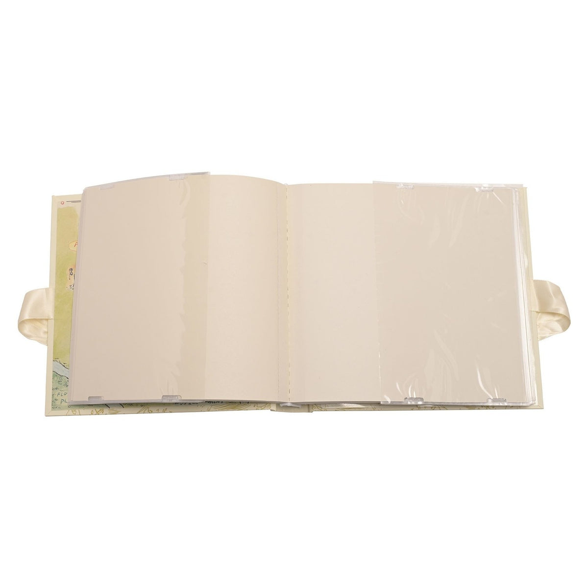 Classic Pooh My First Photos portrait album open to show cream pages with clear photo pockets and ribbon tie, on a plain white background.