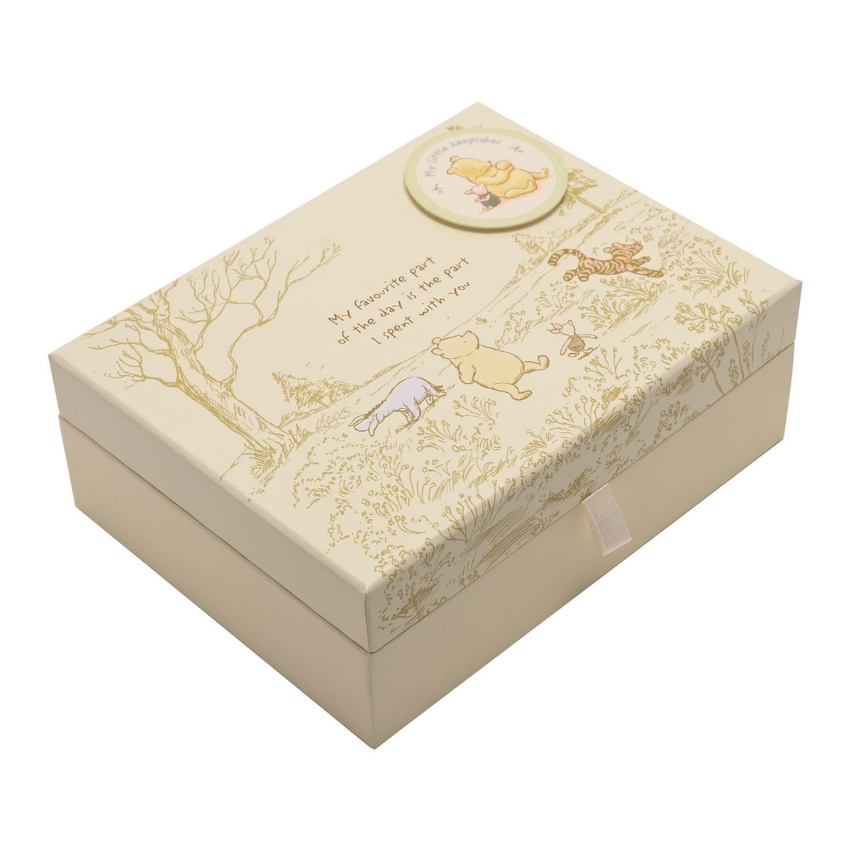 Rectangular cream keepsake box with Classic Pooh illustrations of Pooh, Piglet, Eeyore and Tigger, a round "My little keepsakes" badge, and a printed quote on the lid.