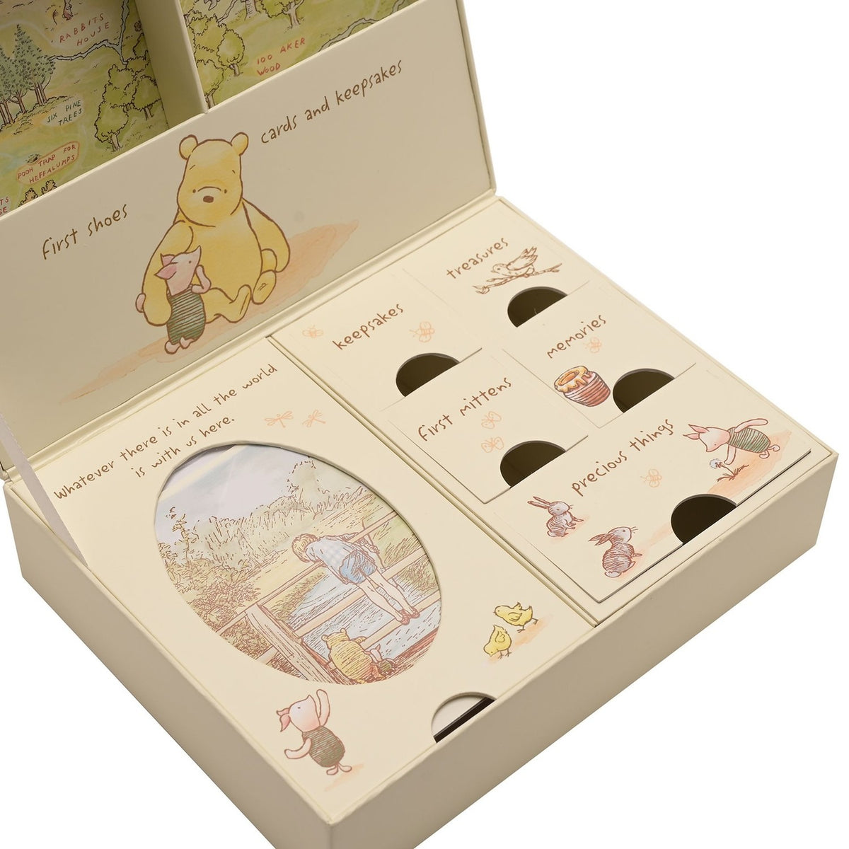 Classic Pooh Printed Keepsake Box in cream, open to reveal labelled compartments for keepsakes, treasures, mittens and memories, with a Pooh and Piglet illustration and oval photo window.