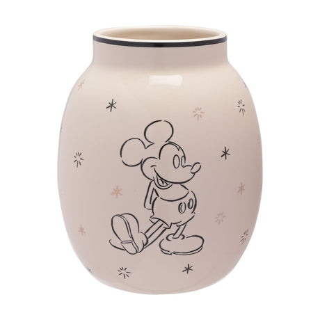 White ceramic vase with a black rim, featuring a hand-drawn Mickey Mouse sketch and scattered black and gold foil stars, set on a plain white background.