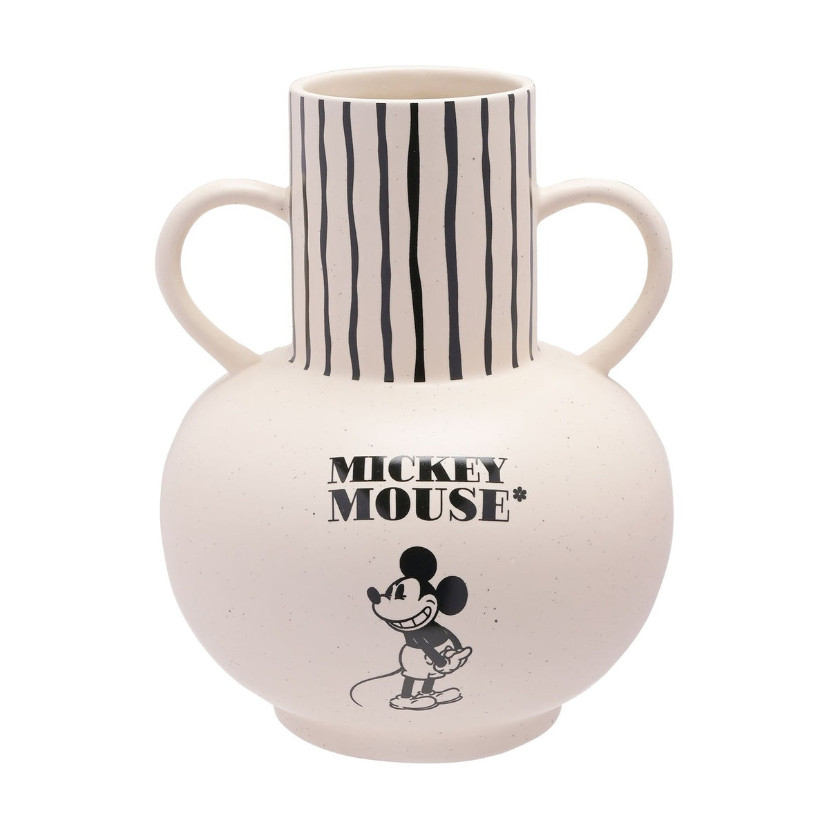 White ceramic amphora style vase with rounded speckled body, striped black and white neck, two looped handles, and a printed Mickey Mouse graphic, on a plain background.