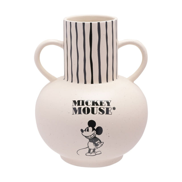 White ceramic amphora style vase with rounded speckled body, striped black and white neck, two looped handles, and a printed Mickey Mouse graphic, on a plain background.