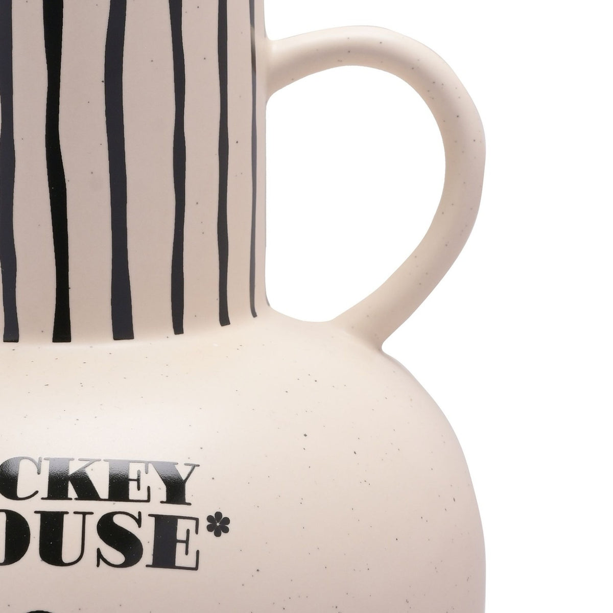 Close-up of the Mickey Mouse amphora style vase in white, showing the speckled rounded body, striped neck, looped handle, and partial "MICKEY MOUSE" text on a plain background.