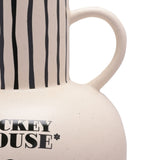Close-up of the Mickey Mouse amphora style vase in white, showing the speckled rounded body, striped neck, looped handle, and partial "MICKEY MOUSE" text on a plain background.