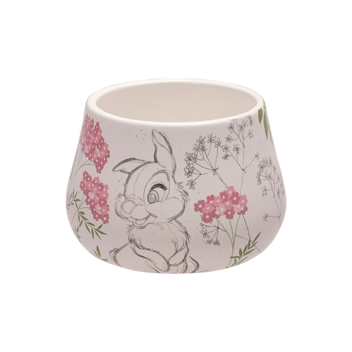 Round white ceramic trinket box with pencil-sketch Thumper rabbit, pink florals and green leaves, speckled gloss finish, shown without lid on a plain background.
