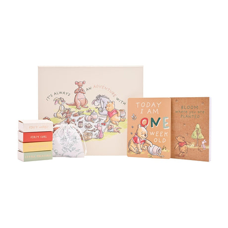 White rectangular Winnie the Pooh keepsake box with pastel picnic scene lid, shown with stacked milestone cards, fabric pouch and two illustrated cards on a plain background.