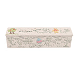 Winnie the Pooh & Friends rectangular birth certificate keepsake tube in white with green line drawings of Pooh, Eeyore, Piglet and Tigger, lift-off lid, on a plain white background.
