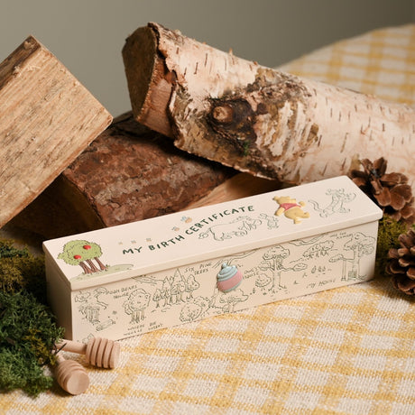 Rectangular white keepsake box, "My Birth Certificate," with green line drawings of Pooh, Piglet, Eeyore and Tigger, displayed among logs and pinecones.