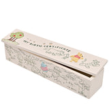 White rectangular Winnie the Pooh birth certificate keepsake box with lift-off lid, raised Pooh figure, and engraved Eeyore, Piglet and Tigger sketches, on a white background.