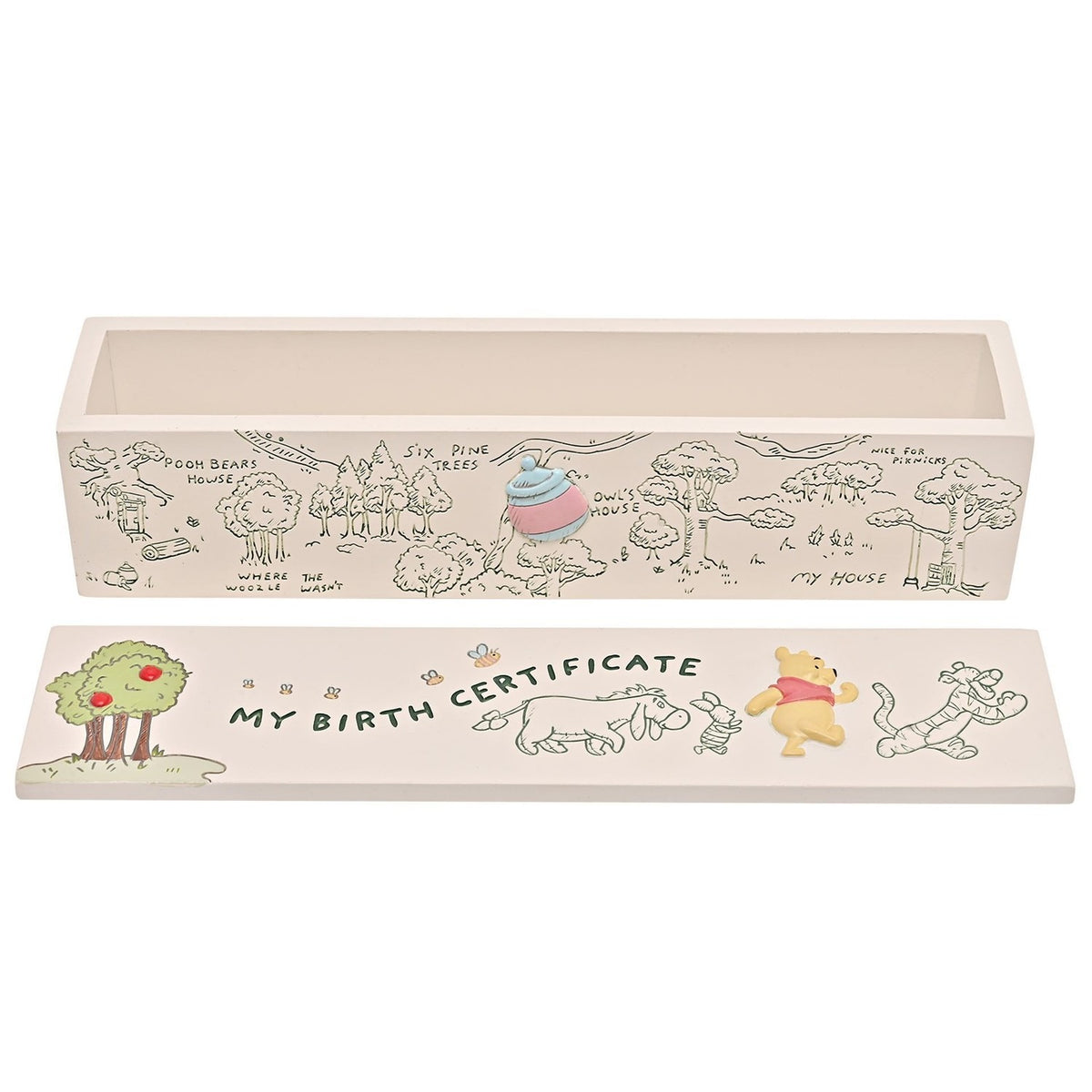 Rectangular white keepsake box, "My Birth Certificate," with green Hundred Acre Wood line drawings and a raised Pooh figure, lid shown separately, on a white background.
