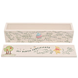 Rectangular white keepsake box, "My Birth Certificate," with green Hundred Acre Wood line drawings and a raised Pooh figure, lid shown separately, on a white background.