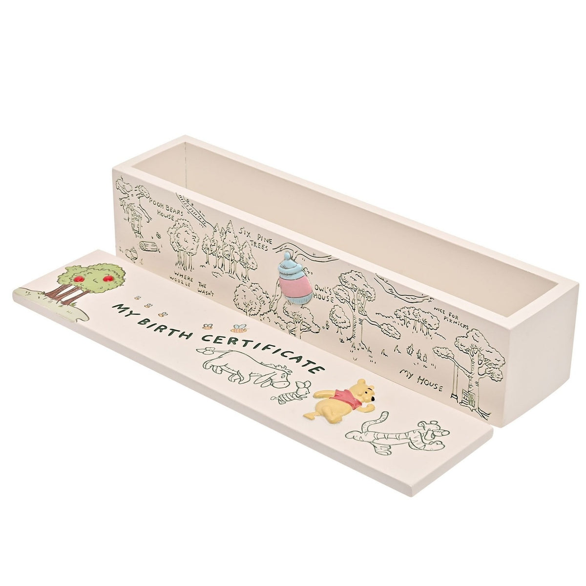 Rectangular white keepsake tube with lid open, featuring green line drawings of the Hundred Acre Wood and "My Birth Certificate" lettering with a raised Pooh figure.