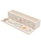Rectangular white keepsake tube with lid open, featuring green line drawings of the Hundred Acre Wood and "My Birth Certificate" lettering with a raised Pooh figure.