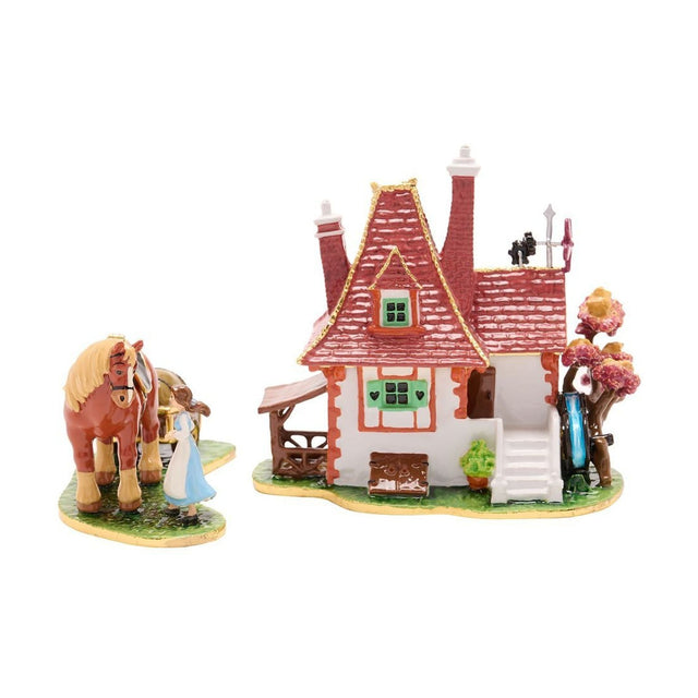 Belle & Phillipe Cottage Scene Metal Trinket Box with Cart, featuring a red-roofed cottage with chimneys, dormer window and water wheel beside Belle and her horse, on a plain white background.