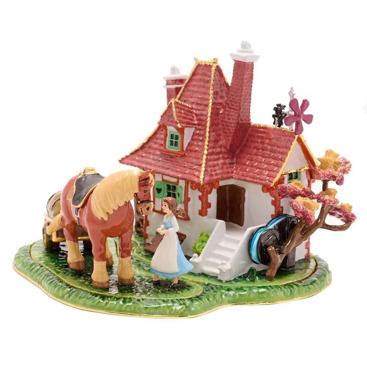 Belle & Phillipe metal trinket box featuring a colourful cottage scene with red tiled roof, chimneys, green shutters, water wheel and horse-drawn cart on a green base.