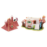 Open metal trinket box shaped like a white cottage with a red tiled roof lid, green heart-cut shutters, steps, a water wheel and a pink-gold tree, on a white background.