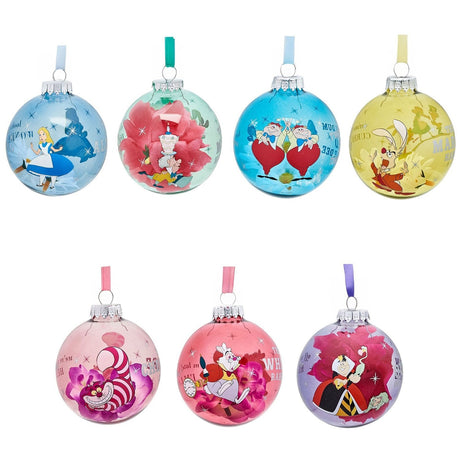Set of 7 round glass Christmas baubles featuring Alice in Wonderland characters in blue, mint, aqua, yellow, pink, rose and purple, each with a ribbon hook, on a white background.