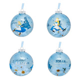 Four light blue glass baubles from the Alice in Wonderland Christmas set, each showing Alice seated among white daisies with the text Alice looking for Wonderland.