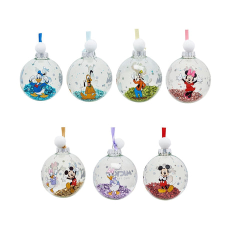 Set of 7 clear plastic Christmas baubles featuring Donald, Pluto, Goofy, Minnie, Daisy, Mickey and friends, each with coloured glitter base, on a white background.
