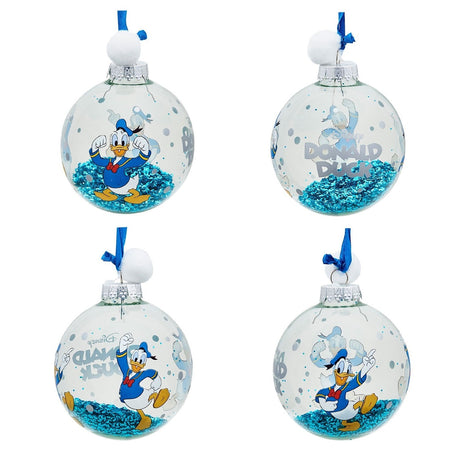 Four clear plastic round Christmas baubles featuring Donald Duck prints with blue glitter filling, silver caps, and blue ribbon hangers on a white background.