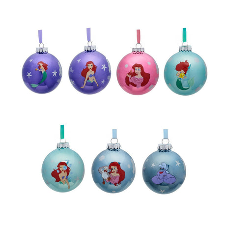 Set of 7 round glass baubles, 8cm, in purple, pink, aqua and pale blue, each printed with a Little Mermaid character scene, stars and shells, on a white background.
