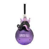 Ursula figurine with arms raised atop a round purple glass bauble studded with dots and lettered "URSULA", black tentacles draping down, black ribbon hanger, on a white background.