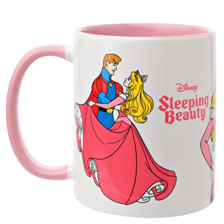 White gloss stoneware mug with pink handle and interior, featuring Sleeping Beauty's Aurora dancing with the prince, on a plain white background.