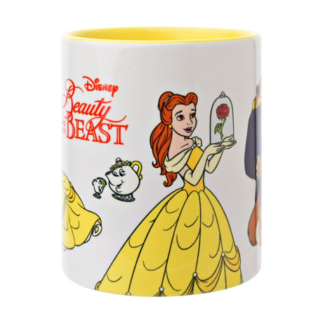 White stoneware mug with yellow handle and interior, featuring Beauty and the Beast artwork of Belle, Mrs Potts, Chip, and the Beast on a plain background.