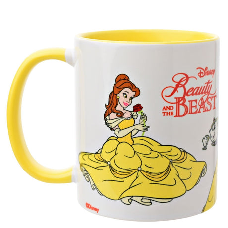 White stoneware Beauty and the Beast mug with yellow handle and interior, featuring Belle in a golden gown holding a rose, Disney text alongside, on a plain background.