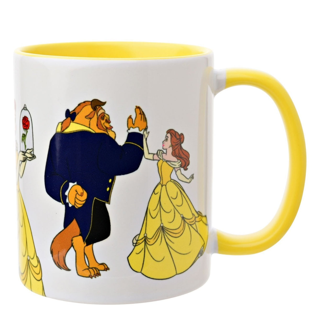White stoneware Beauty and the Beast mug with yellow handle and interior, showing Belle in her yellow gown reaching toward the Beast on a plain background.