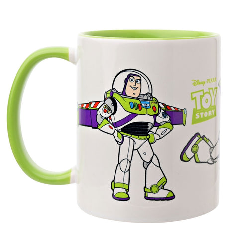 White stoneware Buzz Lightyear mug, 325ml, with green handle and interior, featuring a printed action pose and Toy Story logo on a plain white background.