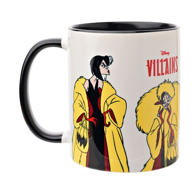 Disney Villains Cruella gloss stoneware mug, 325ml, white body with black handle and interior, printed with Cruella in a yellow fur coat and "Villains" text, on a plain white background.