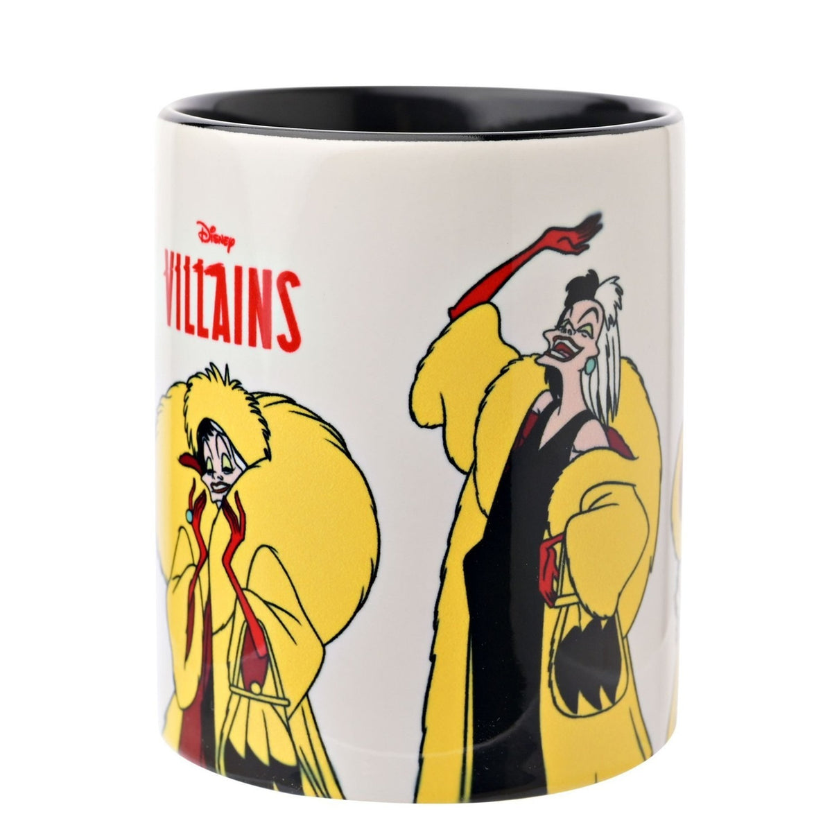 White gloss stoneware Cruella mug with black handle and interior, printed with bold yellow, red and black poses of the character on a white background.