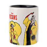 White gloss stoneware Cruella mug with black handle and interior, printed with bold yellow, red and black poses of the character on a white background.